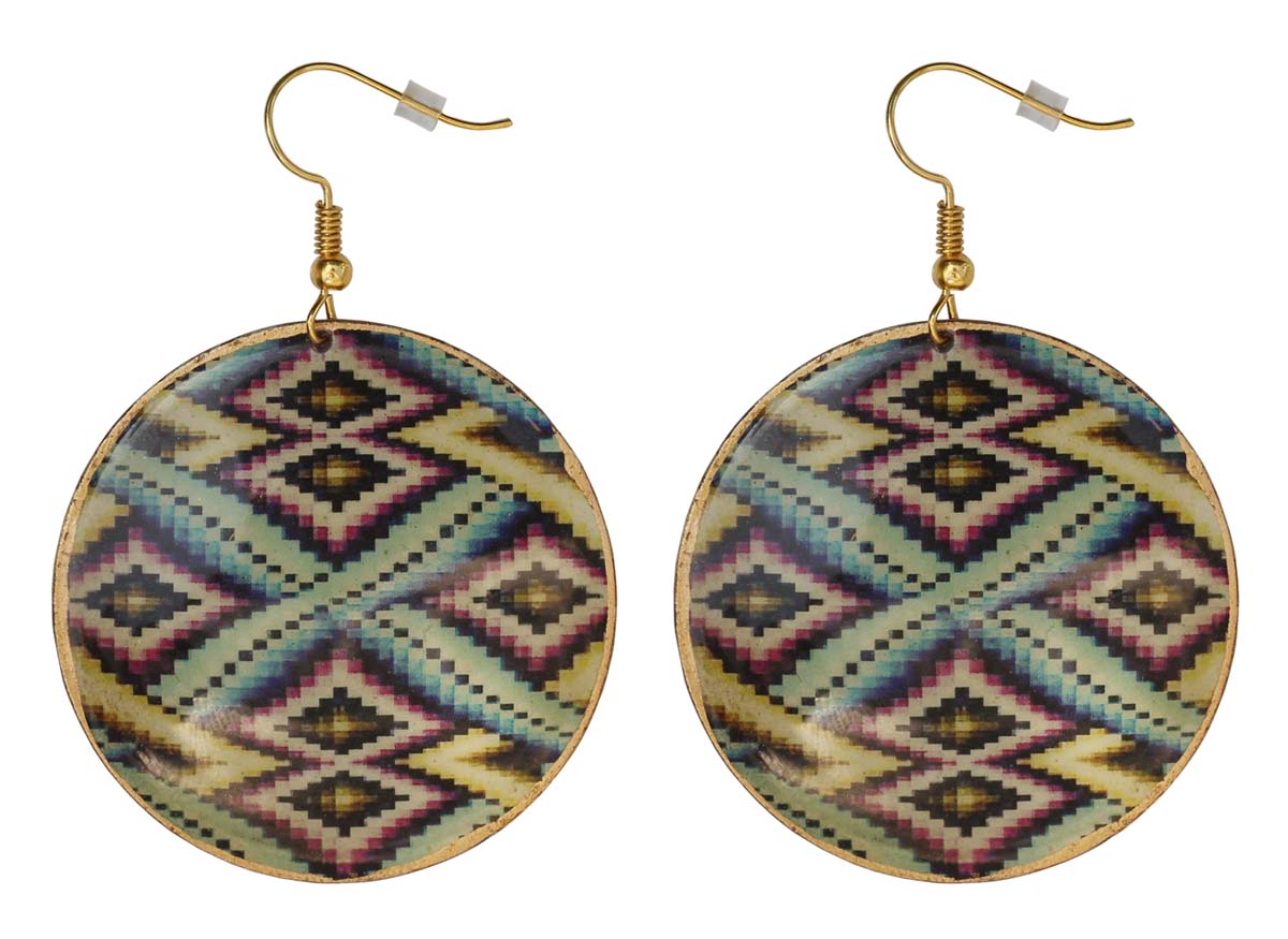 2.5” Round Brass Hook Earrings with Colorful Pixel Kilim Pattern - Drop Earrings / Accessories for Her - Buy in Bulk Wholesale